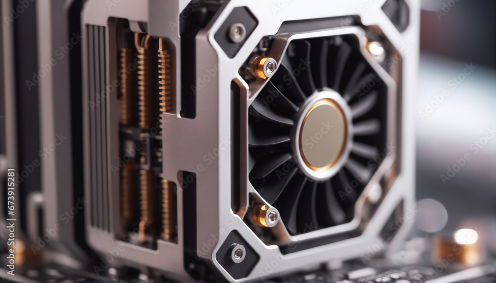 Poster macro view of a cpu and heatsink, an abstract composition of copper and metal, perfect for technolog