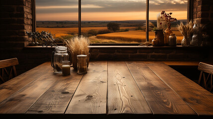 Rustic wooden table in front of a window overlooking a wheat field