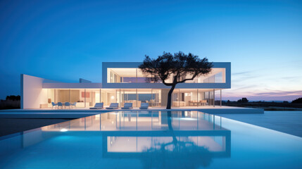 Fototapeta premium villa contemporaine d'architecte aux murs blanc et grandes baies vitrées avec piscine et terrasse