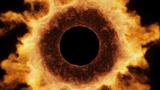 The huge black pupil of a fiery eye stares into the camera.