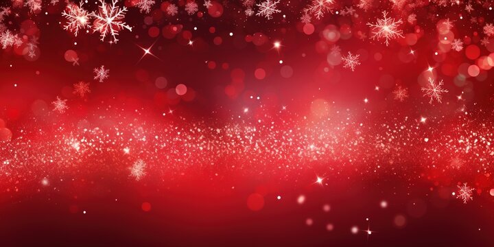 Glittering red Xmas background with snowflakes and lights. Merry Christmas banner. Generative AI