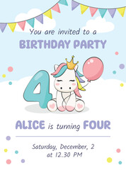 Birthday party invitation card with cute pony, balloon and number four. Vector illustration