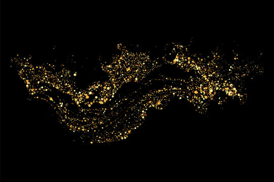 Black background with a shiny wavy flow of gold confetti. Gold glitters holiday background.