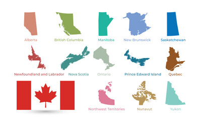 All Provinces and Territories of Canada Colorful Silhouette Vector Map.