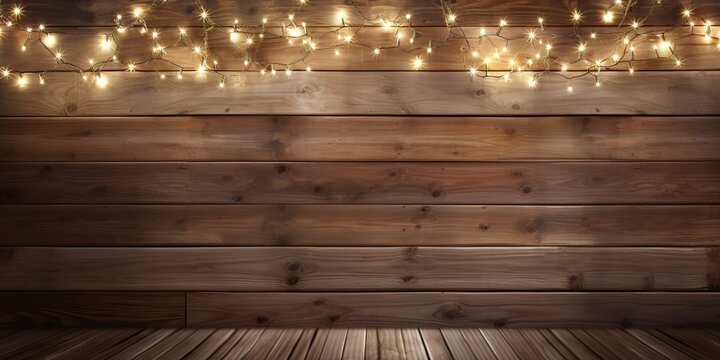 Lighted christmas lights on wooden background frame. Generative AI	
