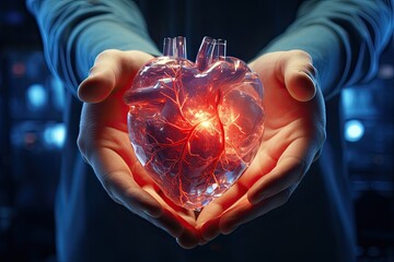 Men's hands hold an artificial heart in their hands. Generated by AI. - Powered by Adobe
