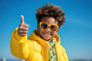 An African young man in a yellow jacket shows a thumbs-up against a blue sky. Generated by Ai .