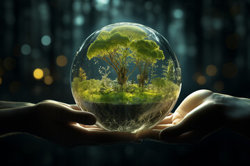 People holding the earth with Green Trees Reducing Global Warming Environment Day Collaborate to create green business and CSR preservation in the future. cooperation for sustainable save the world - obrazy, fototapety, plakaty