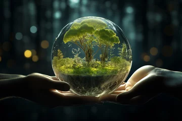 Foto op Plexiglas People holding the earth with Green Trees Reducing Global Warming Environment Day Collaborate to create green business and CSR preservation in the future. cooperation for sustainable save the world © Akira Kaelyn