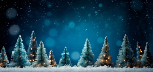 Miniature christmas trees on a blue night snowy background, Bokeh background with copy space, Christmas holidays wallpaper banner card
