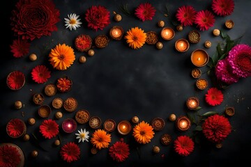 red and  yellow flowers with diya lamps on dark background 