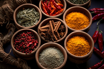 Fototapeta premium Especias de multiples colores en sacos, tarros y cajas viejas