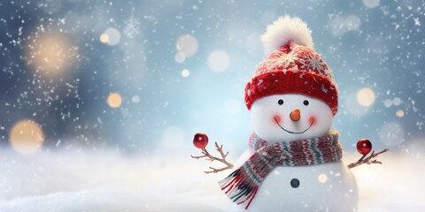 Winter holiday christmas background banner with cute funny laughing snowman with wool hat and scarf, on snowy snow snowscape and bokeh light.