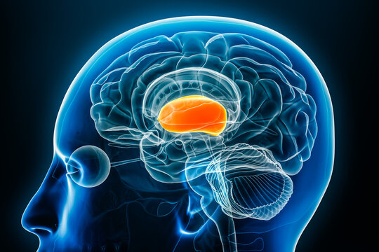Forebrain or prosencephalon x-ray profile close-up view 3D rendering illustration with body contours. Human brain anatomy, medical, biology, science, neuroscience, neurology concepts.