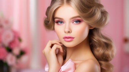 Fototapeta premium High fashion studio portrait of young woman , beautiful makeup on colorful background.