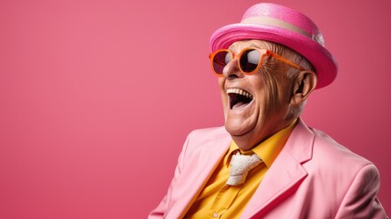 Happy elderly man in suit Wear sunglasses and extravagant style, Laugh and smile happily.