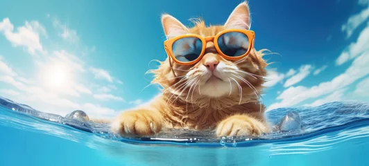 Fotobehang funny cute cat Wearing sunglasses on ring floating in the sea © Thanaphon