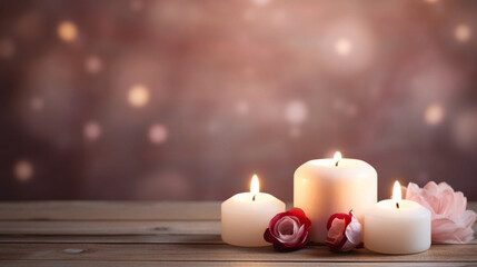 Obraz na płótnie Canvas copy space, stockphoto, romantic background for valentine, some burning candles. Background design for invitation card, greeting card for valentine’s day. Valentines day. Copy space available.