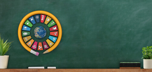 Green chalkboard, blackboard in wooden frame.  3D rendering Sustainable Development Wheel with round pencil. Corporate social responsibility - obrazy, fototapety, plakaty
