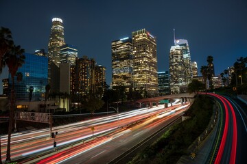 Obraz premium Scene of downtown Los Angeles at night, illuminated by the headlights of cars driving