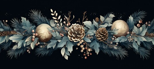 A Serene Winter Scene With Pine Cones and Evergreen Leaves