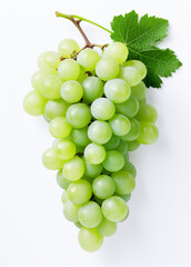 Sweet Green grape with leaves, isolated on a white background.