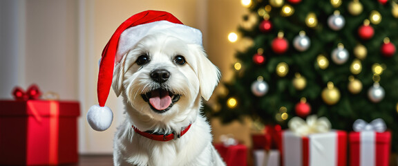 A dog wearing Santa Claus hat in front of a Christmas tree