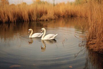 Two swans swimming amidst tall grass in a serene lake. Generative AI