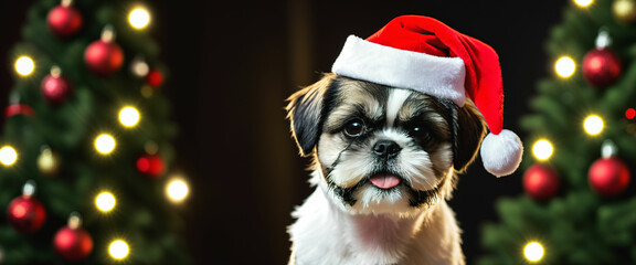 A dog wearing Santa Claus hat in front of a Christmas tree