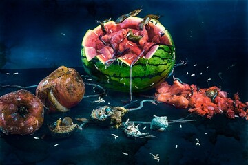 a collection of fruits and insects on display on a table
