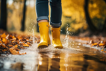 Woman in Yellow Rain Boots Splashing in Autumn Forest Puddle