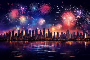 Fototapeten illustration of fireworks over the city, beautiful skyline, colourful sky © Moritz