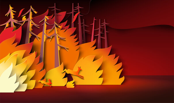 Forest on fire and deer escaping blazing flames papercut vector illustration