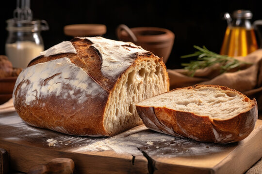 .close-up of homemade bread in a section, on a board, on a table.Generative AI