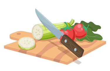 Knife cuts vegetables vector. Salad preparing. Cucumber with tomatoes and lettuce. Natural and organic food with vitamins. Cartoon flat vector illustration isolated on white background