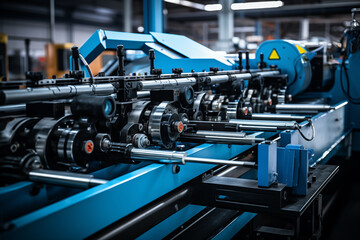 Fototapeta premium A close-up of a machine in a factory. The machine has a large metal arm with a gripper at the end. The gripper is holding a piece of metal.