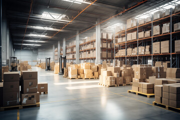A large warehouse filled with boxes and pallets on metal shelves
