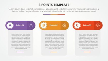3 points stage template infographic concept for slide presentation with table box and round header with 3 point list with flat style