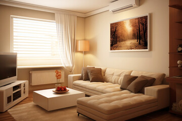 Interior of cozy small living room in beige tones with couch a painting on the wall, small table and flatscreen tv