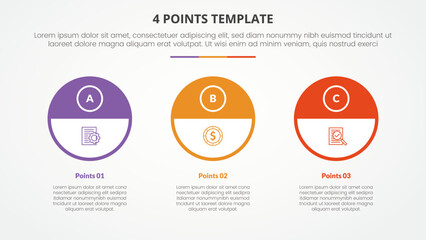 3 points stage template infographic concept for slide presentation with big outline circle and half header with 3 point list with flat style