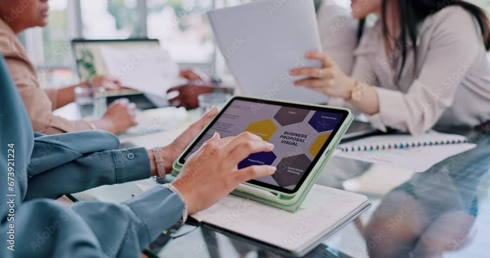 Poster Tablet, team hands and brand strategy with analytics design and research for website project. Company image, startup and employee working on technology with creative web designer and digital plan