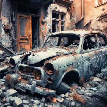 car in the middle of a destroyed building war background