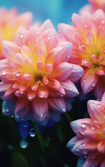 Saturated dahlia blooms with morning dew, showcased in a natural setting.
