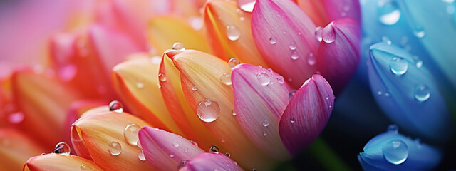 Raindrops accentuating the vibrant hues of tightly packed flower petals.
