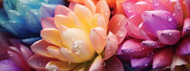 Close view of colorful dahlia petals with fresh rain droplets detail.
