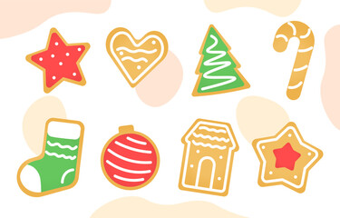 Set of Christmas cookies. Heart and star shaped bakery and pastry. Dessert and delicacy. Green sock and tree, home and ball. Cartoon flat vector collection isolated on white background