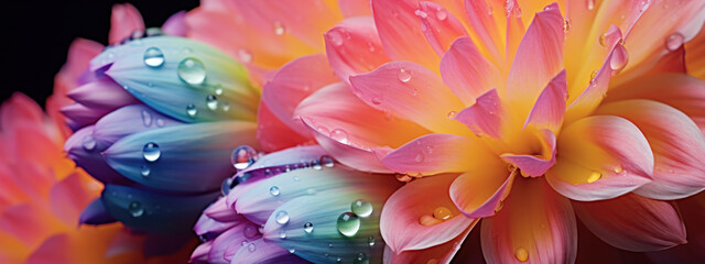 Fresh blue and pink petals with morning dew suggest the tranquil essence of a lush garden.