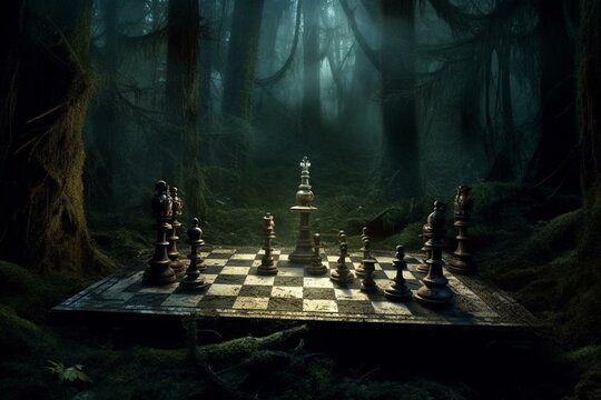 dark woods with enchanted chessboard. Generative AI