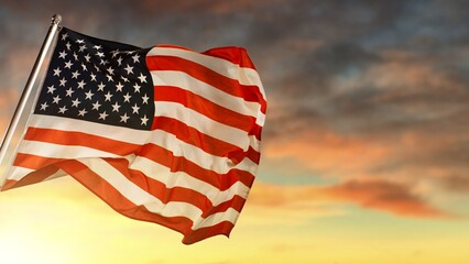 American Flag Waving Against Sunset Sky.