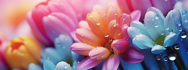 Fresh multi-colored daisies with water drops on a bright, blurred background.
